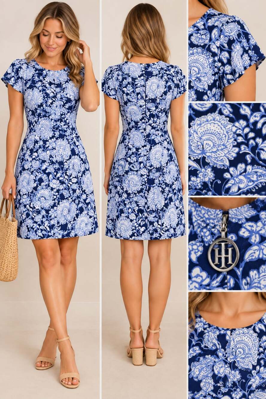Tommy Hilfiger Blue and White Floral Paisley Print Short Sleeve Dress Size 4